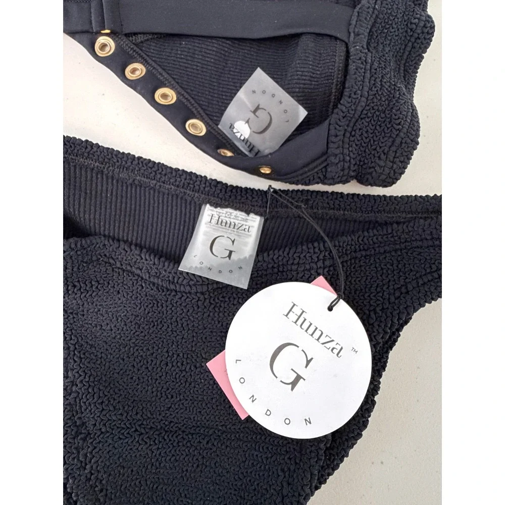 Hunza G Tessa Crinkle Bikini Set Black Gold Grommet One Size Swimsuit NWT